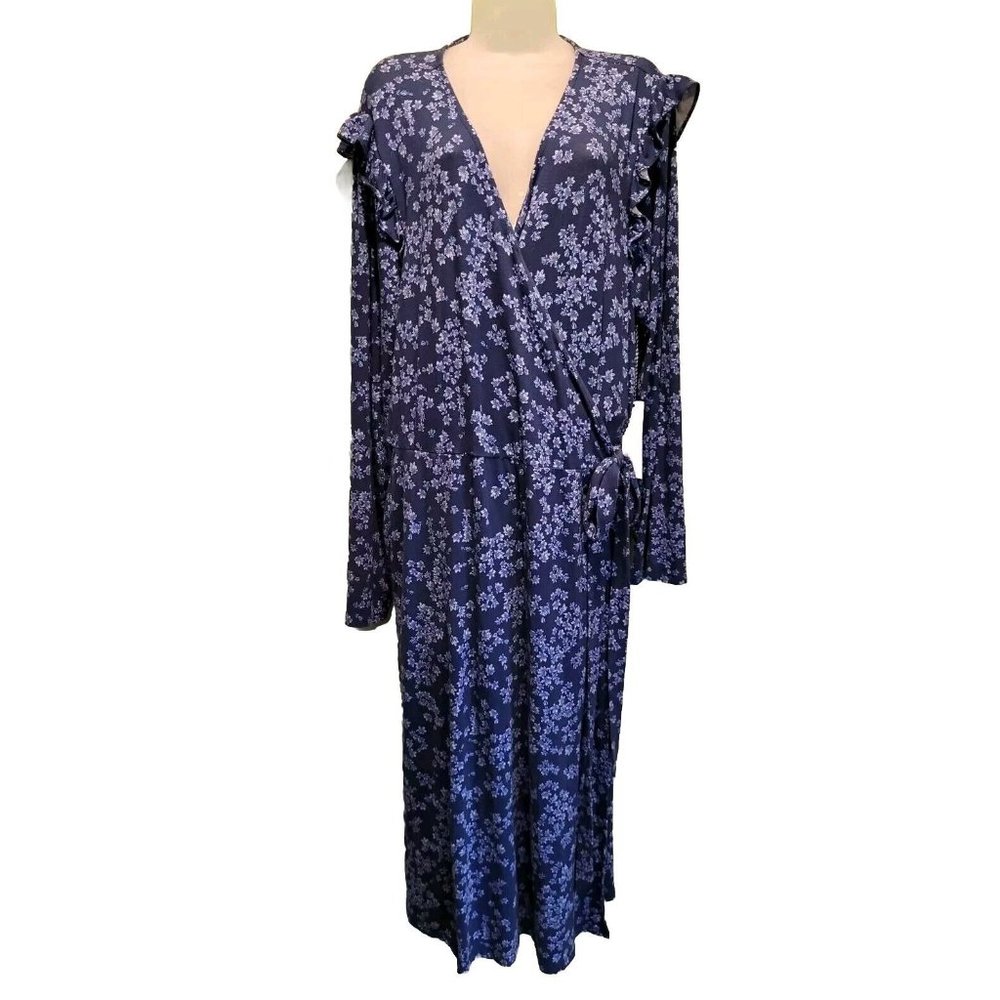 New Draper James RSVP Blue Floral Wrap Midi Dress Long Sleeve Sz XXL